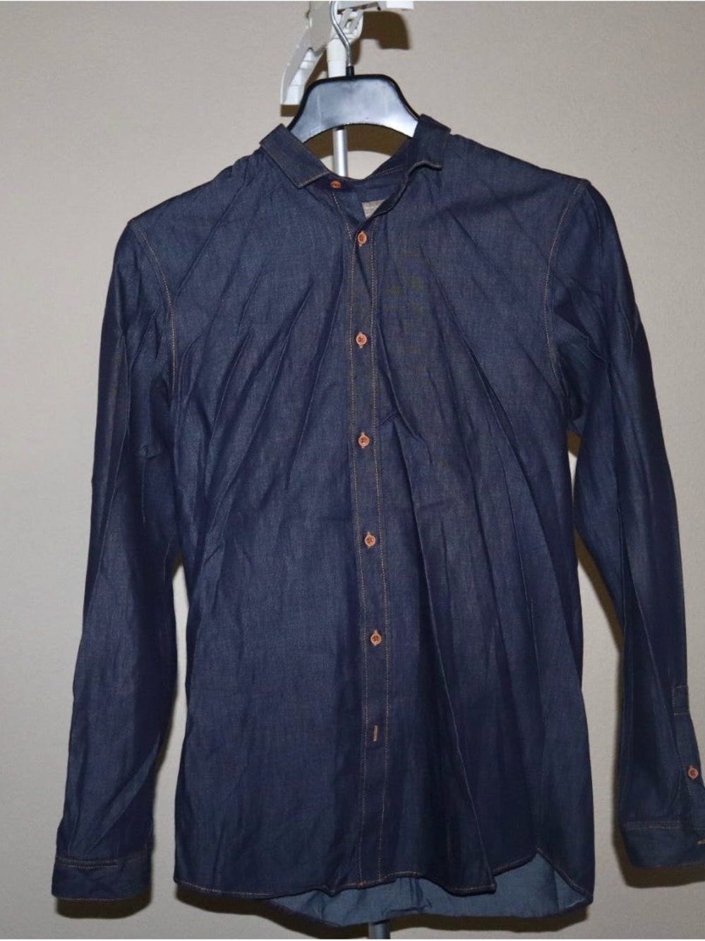 Zara Man Navy Denim Shirt with Brown Leather Trim